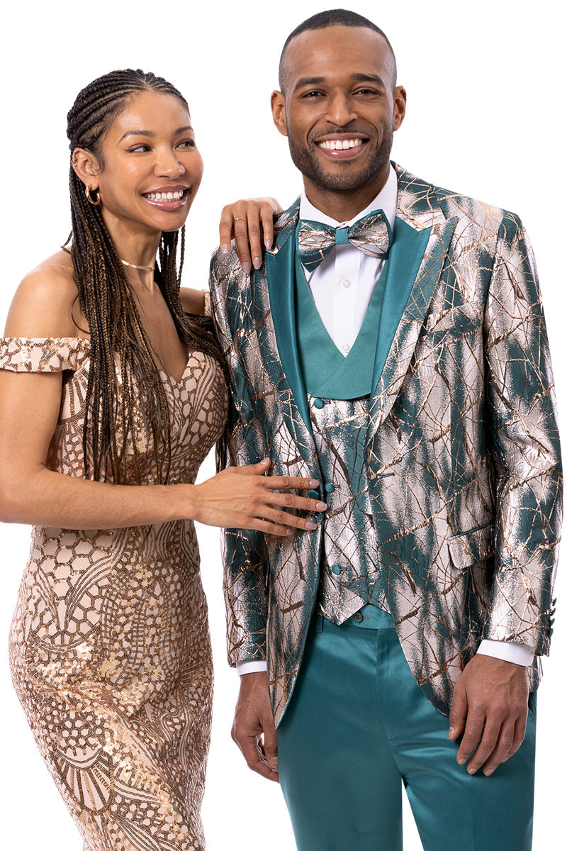 Men's Vested Camoflage Inspired Wedding Tuxedo in Aqua Teal Green - 34