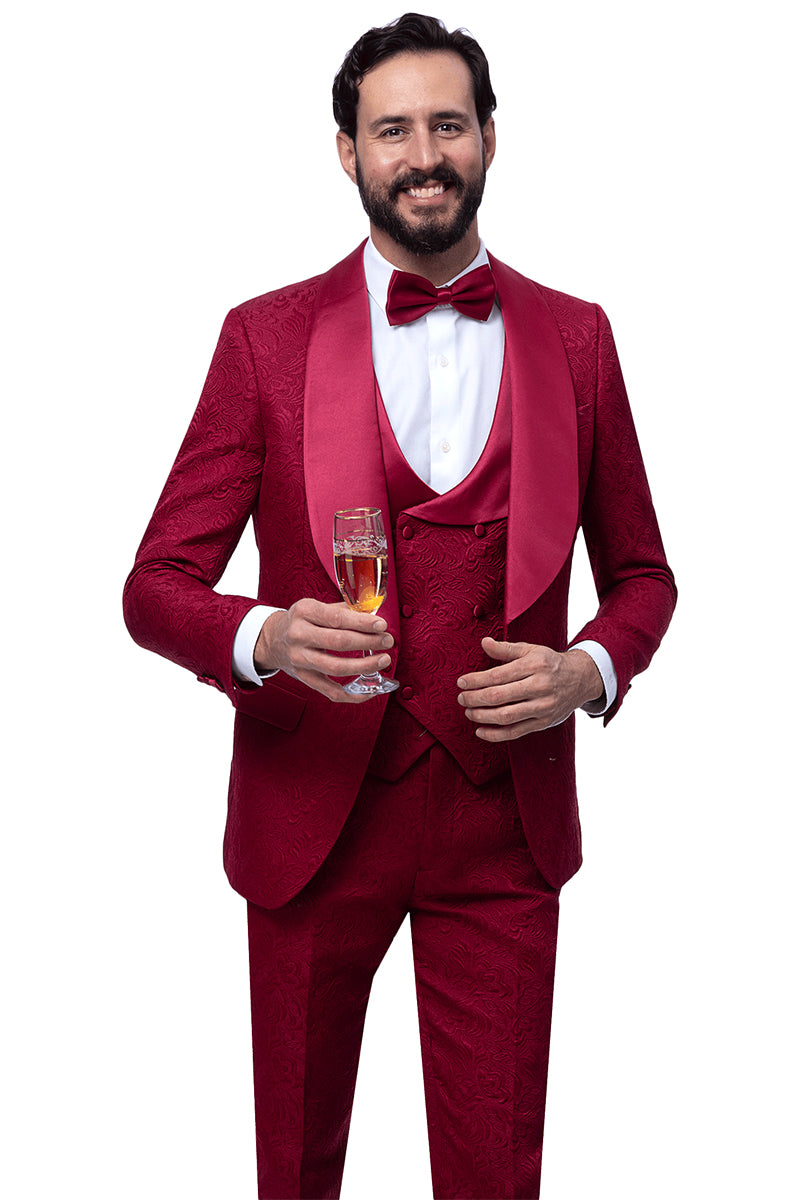 Men's Vested Shawl Lapel Wedding & Prom Tuxedo in Burgundy Wine Paisley - 34