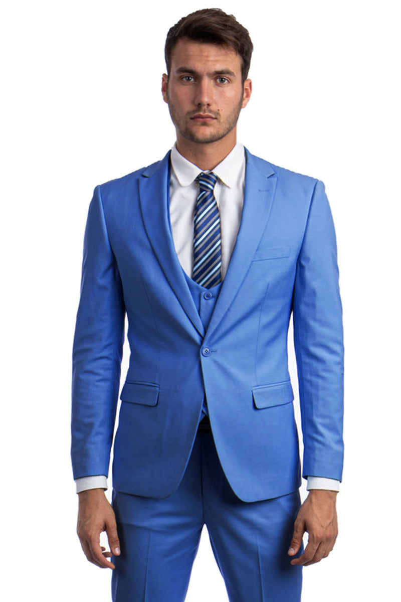 "French Blue Men's Skinny Wedding & Prom Suit - One Button Peak Lapel with Lowcut Vest"