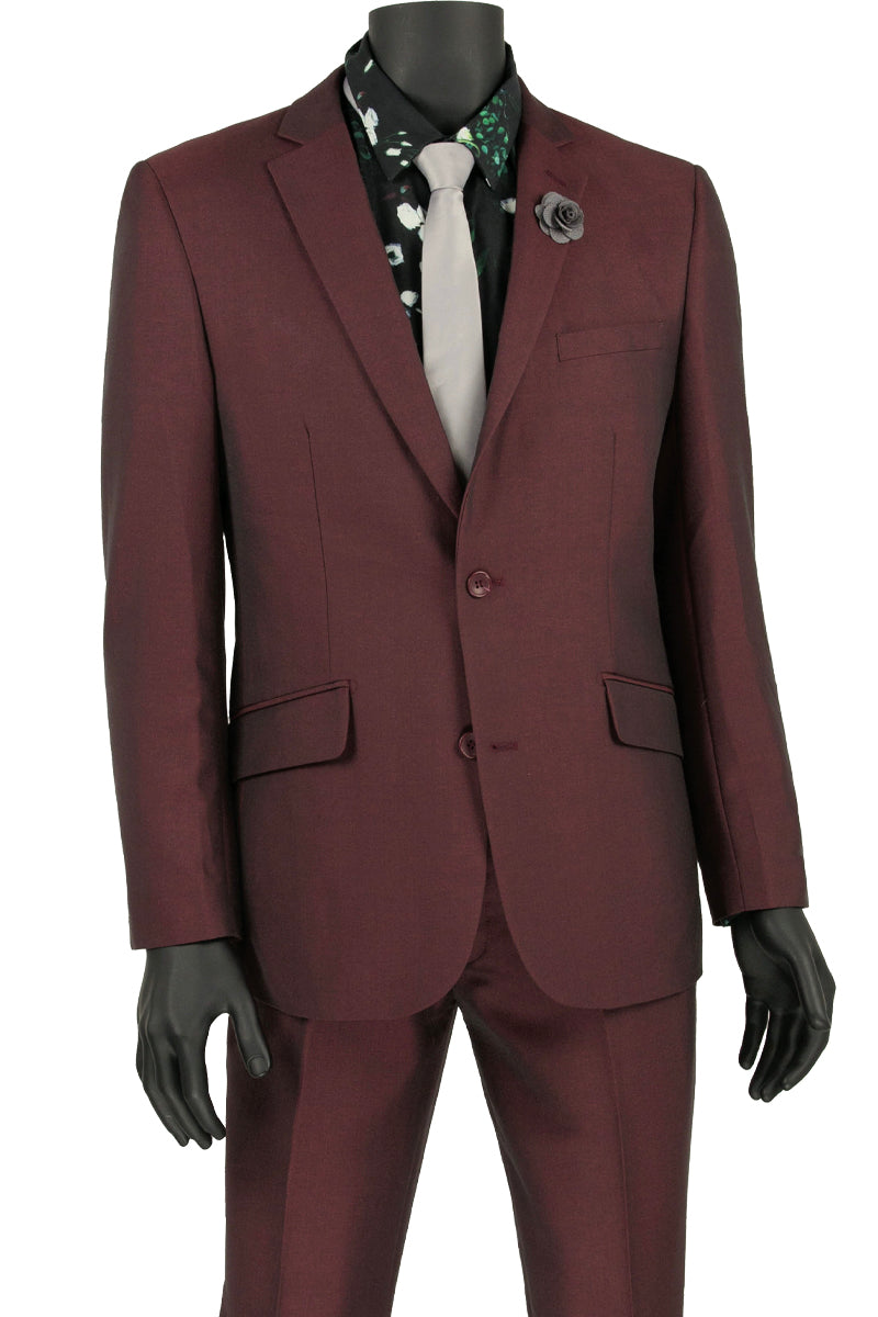 Mens 2 Button Slim Fit Textured Weave Suit in Burgundy - 36 Short