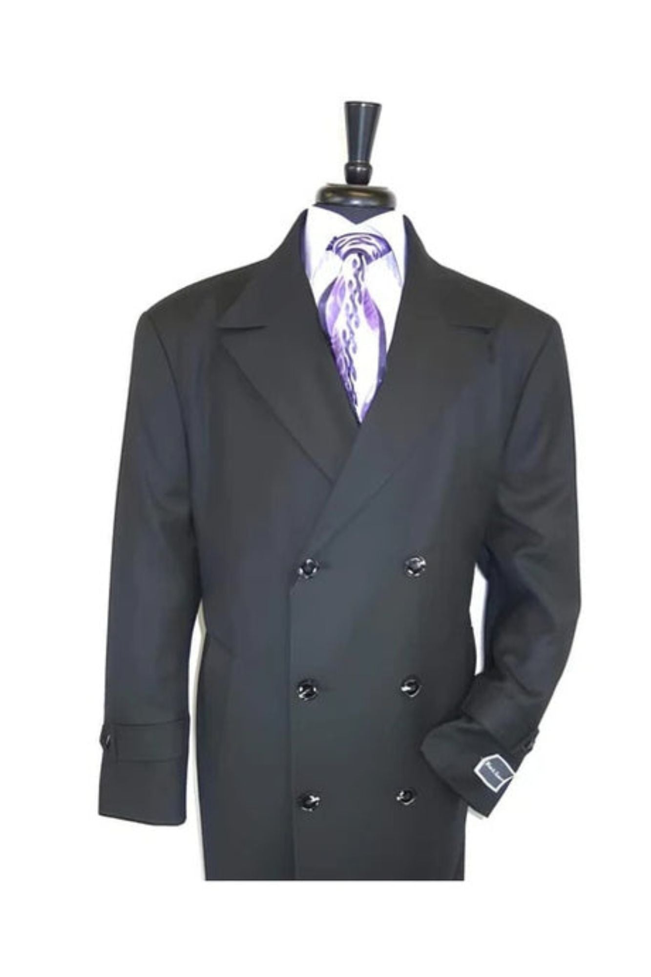 Jet Black Double Breasted 100% Wool Button Closure Overcoats - Mens Topcoat - Coat Size 38