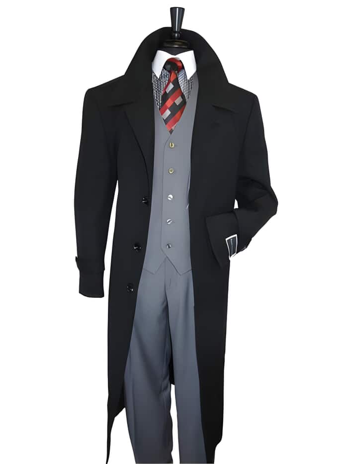 Button Closure 100% Wool Jet Black Overcoat - Mens Topcoat