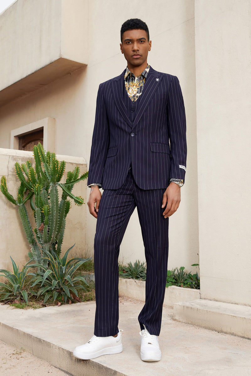 "Stacy Adams Men's Modern Vested Suit - One Button, Midnight Purple Pinstripe" - 34 Short
