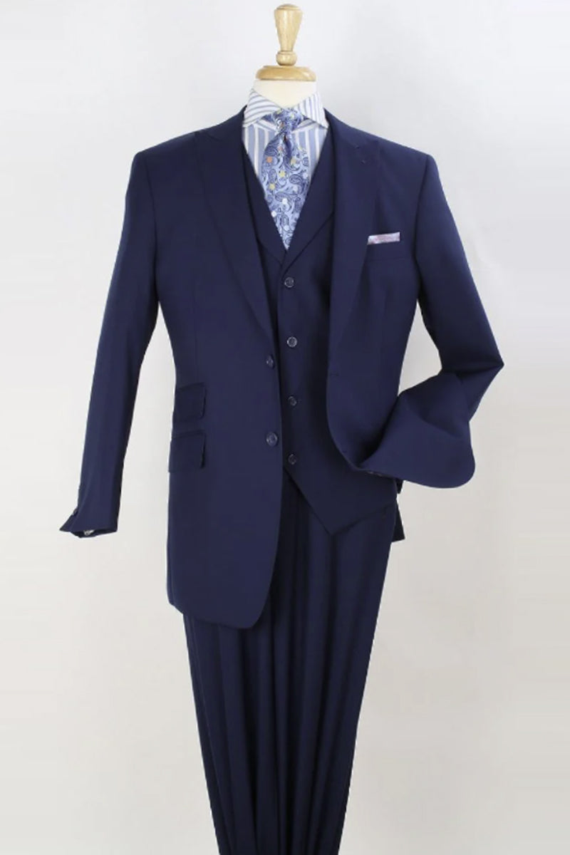 "Super 150's Merino Wool Men's Suit - Navy Blue, Wide Peak Lapel, Vested"