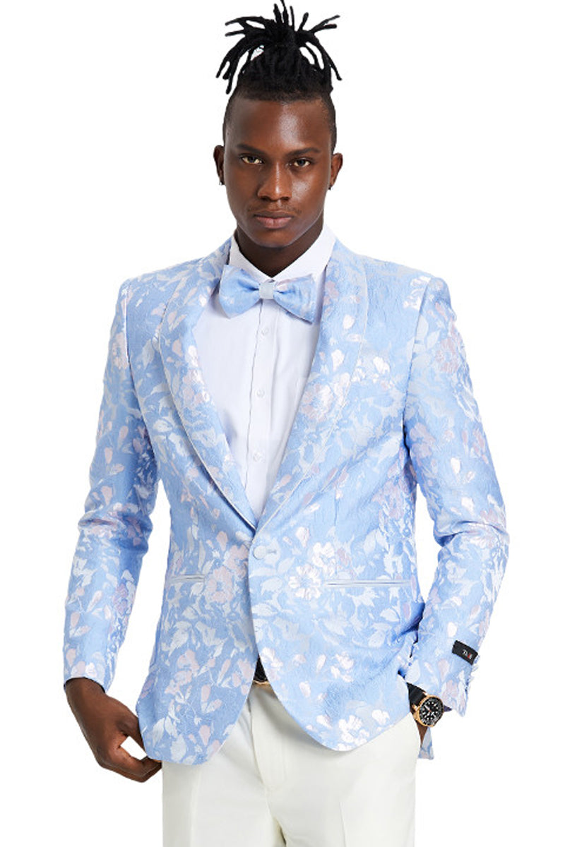 "Paisley Foil Print Men's Slim Fit Blazer - Sky Blue & Silver Prom/Wedding Jacket"