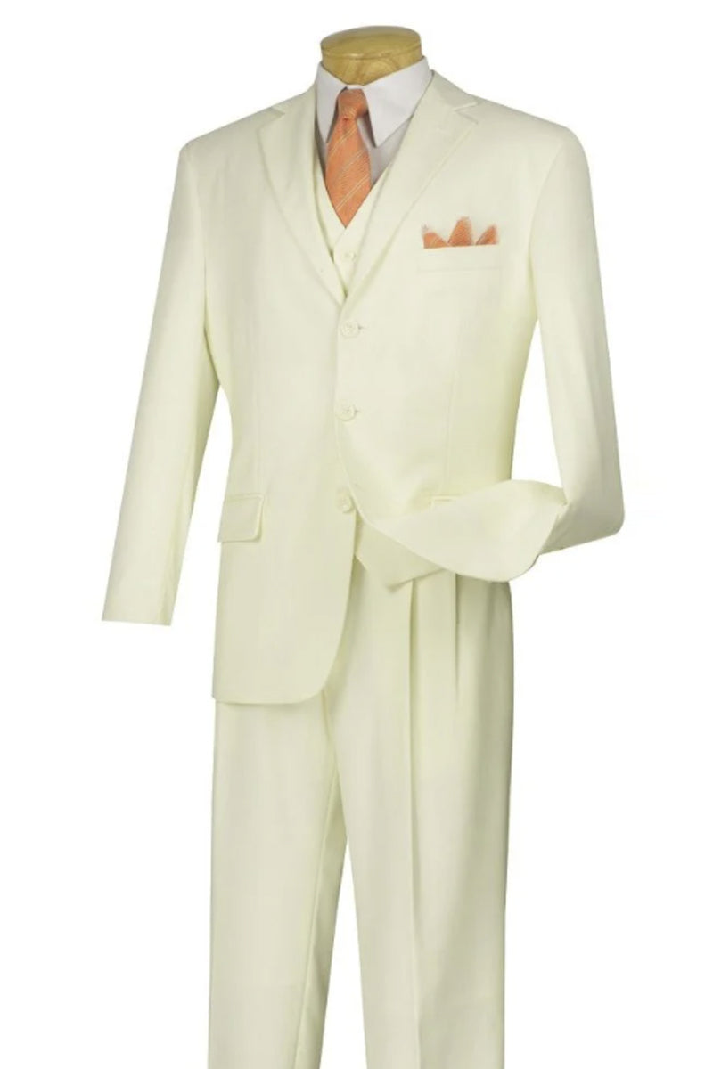 "Classic Fit Men's Three-Button Ivory Suit with Vest and Pleated Pants"