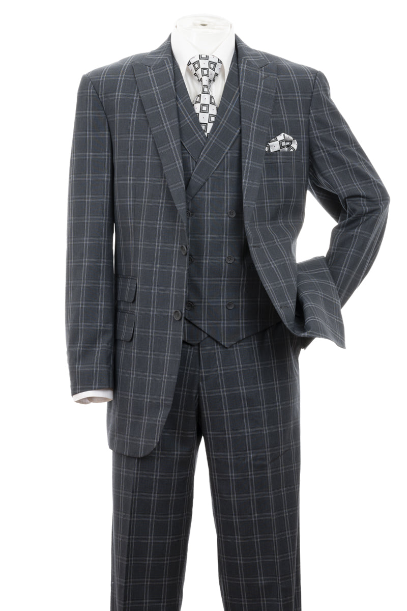 "Grey Windowpane Plaid Men's Double Breasted 2 Button Vest Suit"