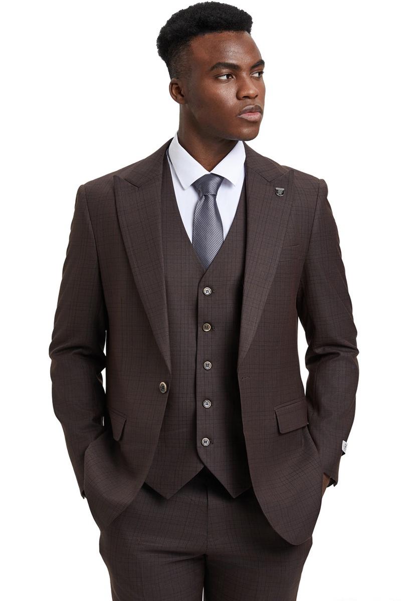 Men's Stacy Adams Vested One Button Wide Peak Lapel Windowpane Plaid Suit in Brown - 38 Regular