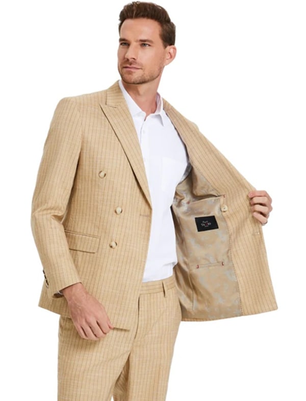 Menswear Tan Glen Plaid Double-Breasted Suit - Summer Sophistication - 38 Short Jacket+32 Waist Adjustable 28to34)(Height: 5 4 to5 7 )(Neck  15-16.5)S-M)