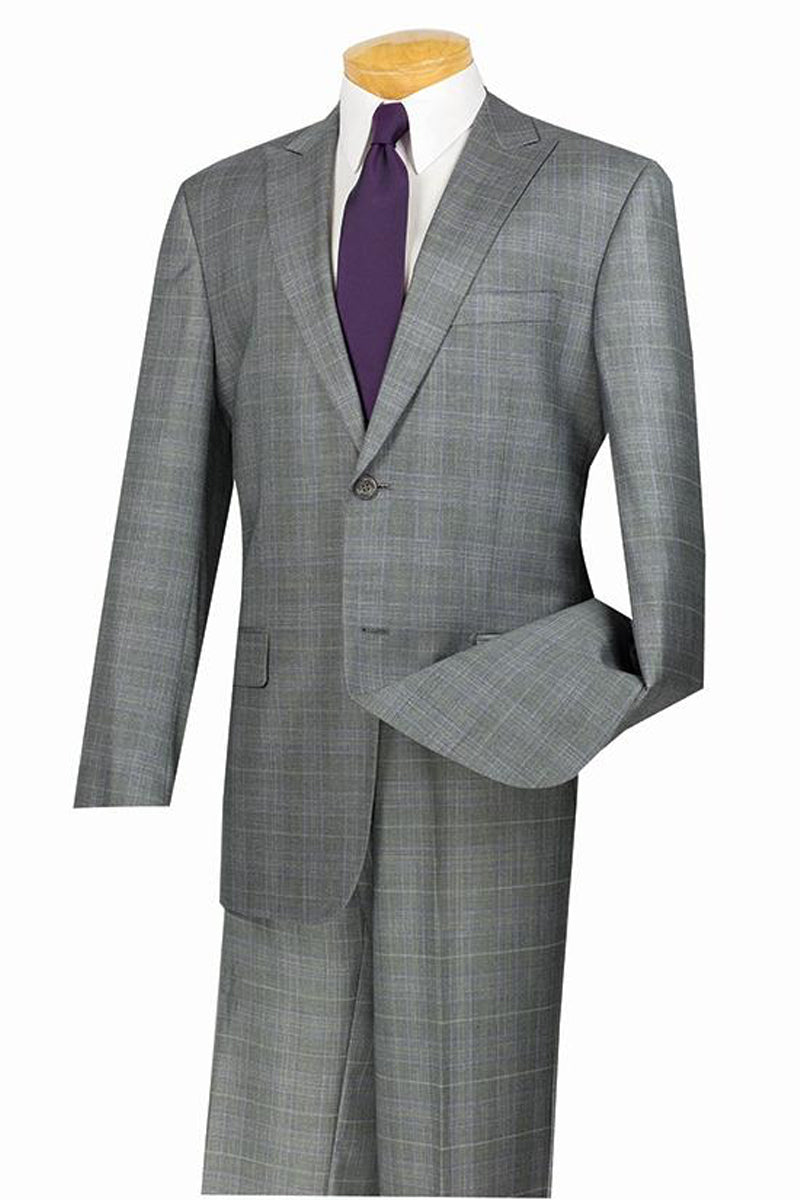 Mens 2 Button Peak Lapel Modern Plaid Suit in Grey - 36 Short