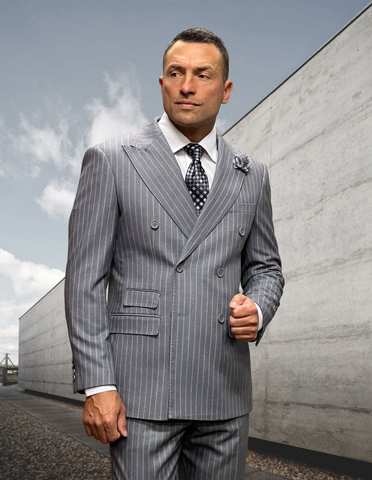 Double Breasted Suits - Vested Suits Wool Fabric  - Gray Stripe Suit - New Arrival