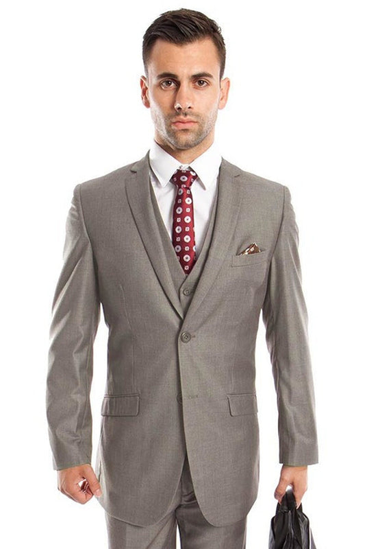 "Grey Slim Fit Men's Wedding Suit - Two Button Basic Vested"