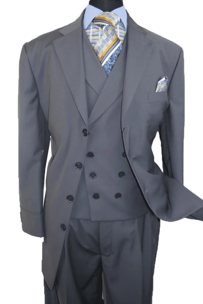 "Grey Men's 4-Button Suit with Double-Breasted Vest - Fashionable Attire"