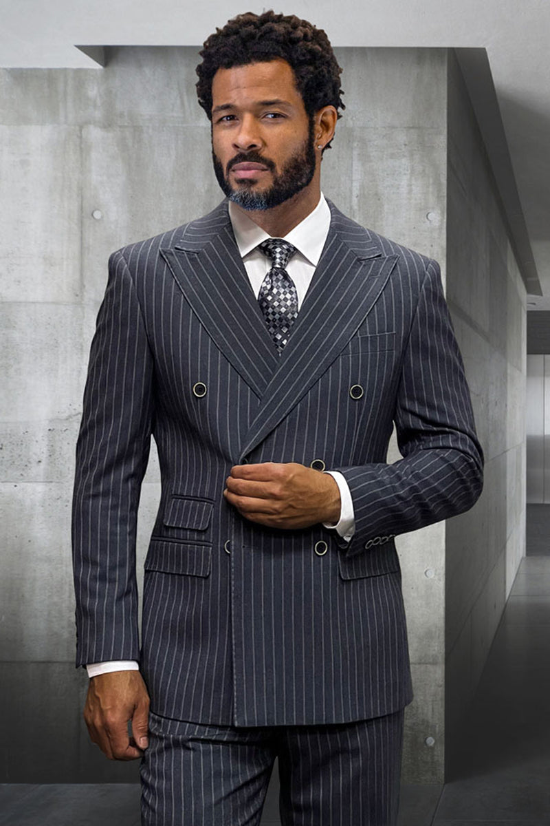 Men's Designer Classic Fit Double Breasted Wool Pinstripe Suit in Charcoal Grey - 36 Short