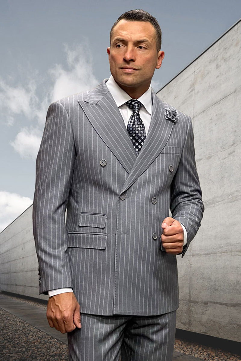 Men's Designer Classic Fit Double Breasted Wool Pinstripe Suit in Grey - 36 Short