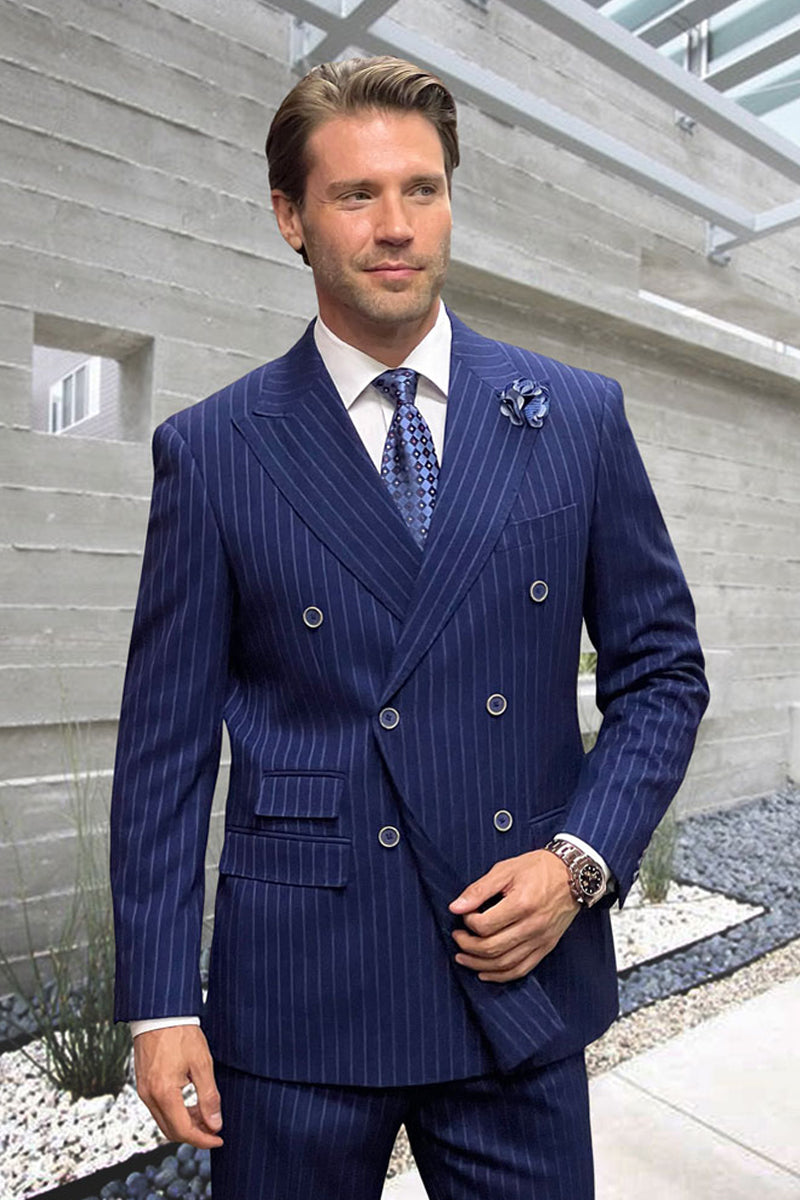 Men's Designer Classic Fit Double Breasted Wool Pinstripe Suit in Brown - 36 Short