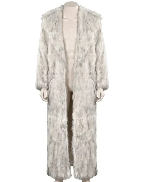 Mens Luxury White Fur Coat Open Front Design with Fur Cuffs