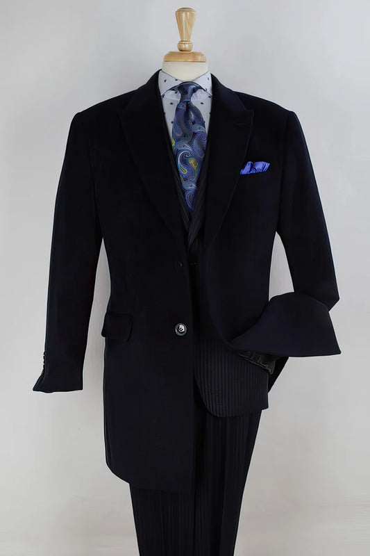 "Navy Wool Car Coat for Men - 2 Button, Peak Lapel, Three Quarter Length"