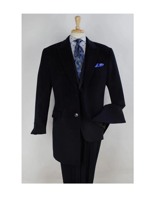 "Navy Wool Car Coat for Men - 2 Button, Peak Lapel, Three Quarter Length"