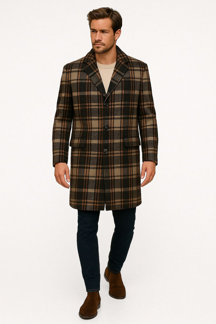 Mens Plaid Wool Overcoat â€“ Khaki and Brown and Cream Check Pattern Winter Coat