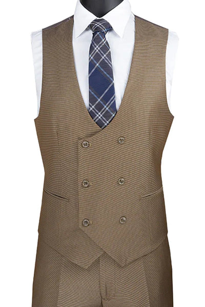 Cheap Priced Suit - Men's Modern Fit Tuxedo Khaki Suit With Double Breasted Vest And Satin Trim