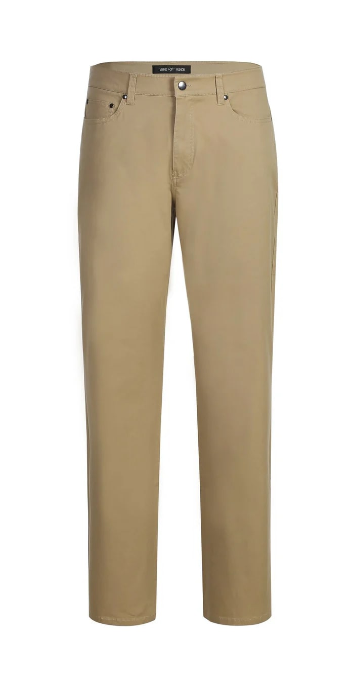 Stretch Cotton Flat Front Pants Straight Legs in Khaki - Dress Size Pants : 28