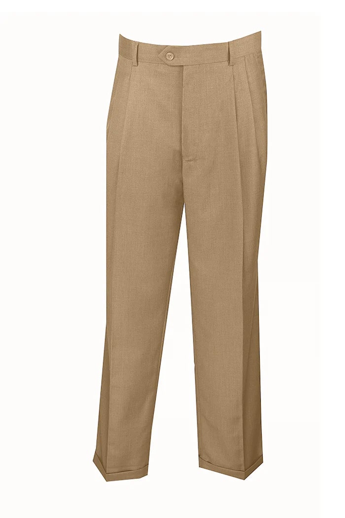 Khaki Dress Pants Regular Leg Pleated Pre-hemmed With Cuffs