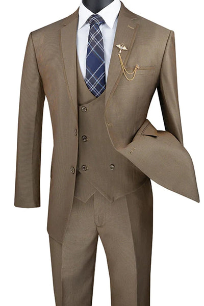 Cheap Priced Suit - Men's Modern Fit Tuxedo Khaki Suit With Double Breasted Vest And Satin Trim