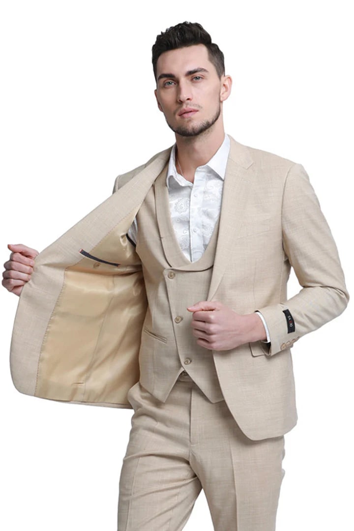 Cheap Suit - Men's One Button Double Breasted Vest Slim Fit Sharkskin Wedding Khaki Suit