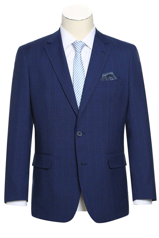 "Classic Fit Two Button Men's Blazer - Dark Navy Blue Windowpane Plaid"