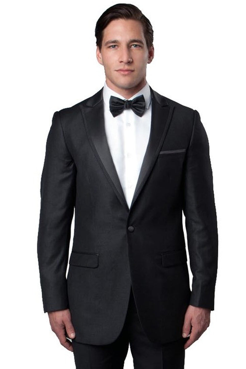 "Charcoal Grey Men's Slim Fit Tuxedo with Satin Trim - One Button Peak Lapel for Prom & Wedding"