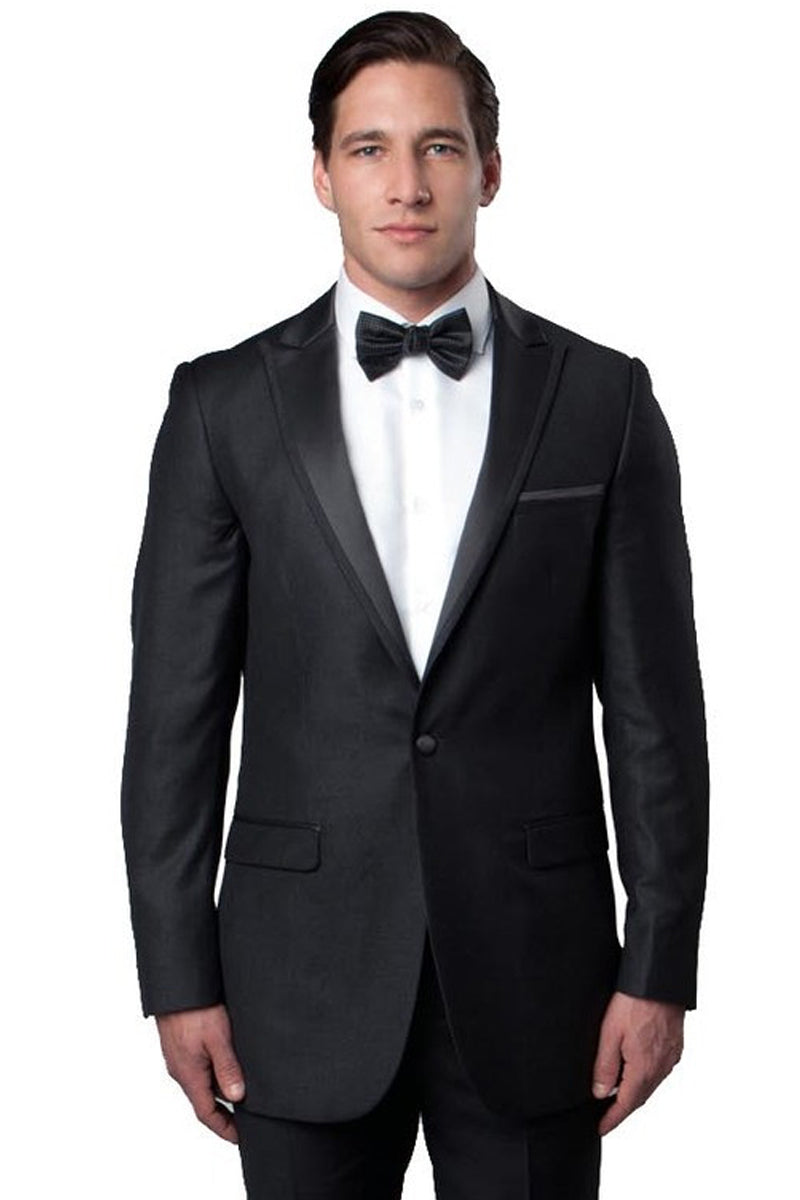 "Charcoal Grey Men's Slim Fit Tuxedo with Satin Trim - One Button Peak Lapel for Prom 2026 & Wedding"