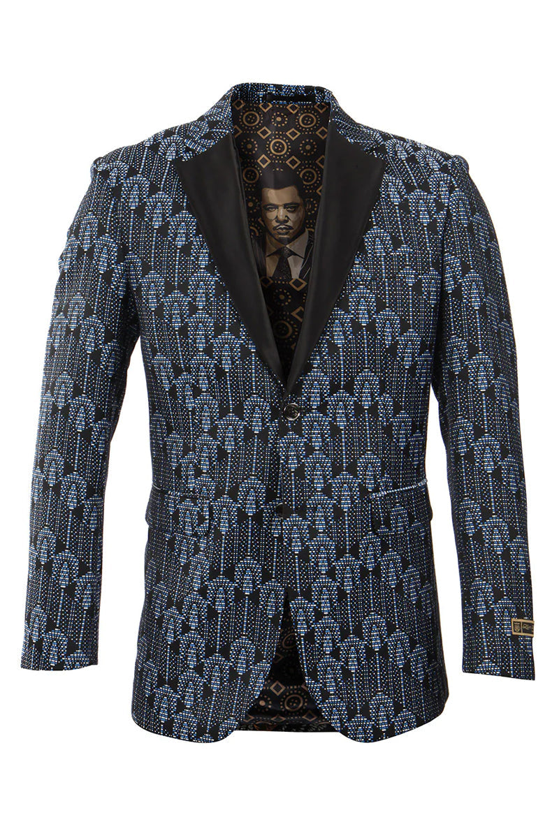 "Sunrise Pattern Men's Tuxedo Blazer in Blue & Black" - 34 Short