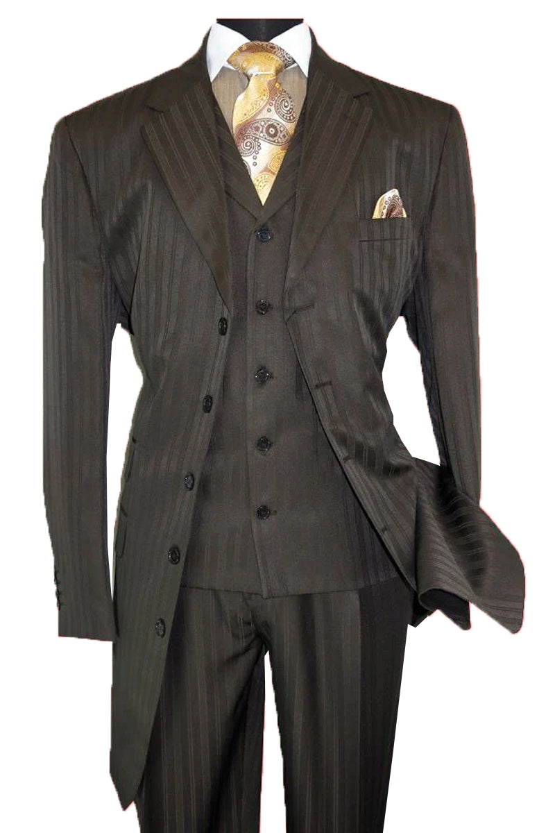 Brown Pinstripe Zoot Suit - Men's Long Fashion Vested Style