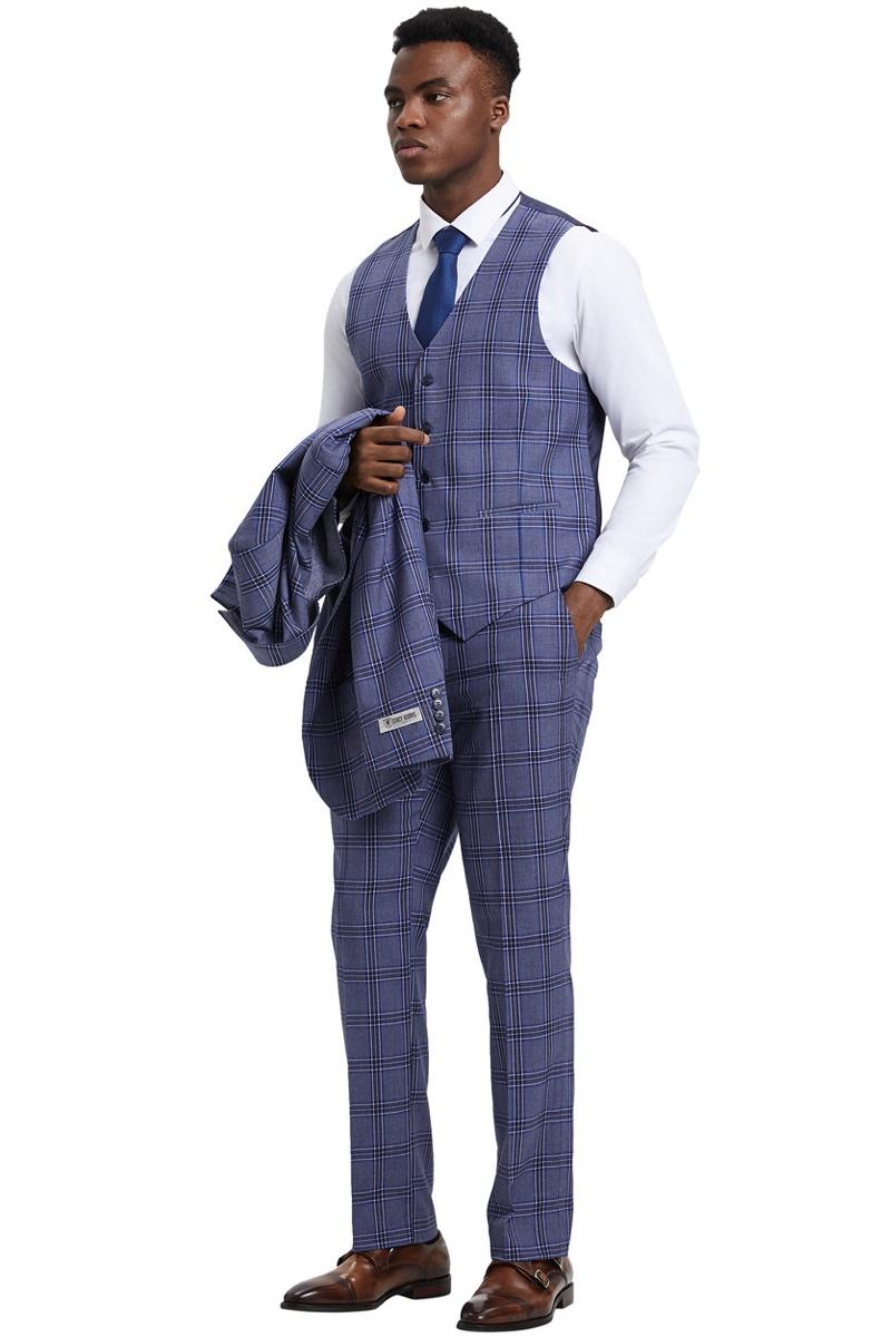 Men's Stacy Adams Two Button Vested Glen Plaid Check Suit in Light Purple Lavender - 38 Regular