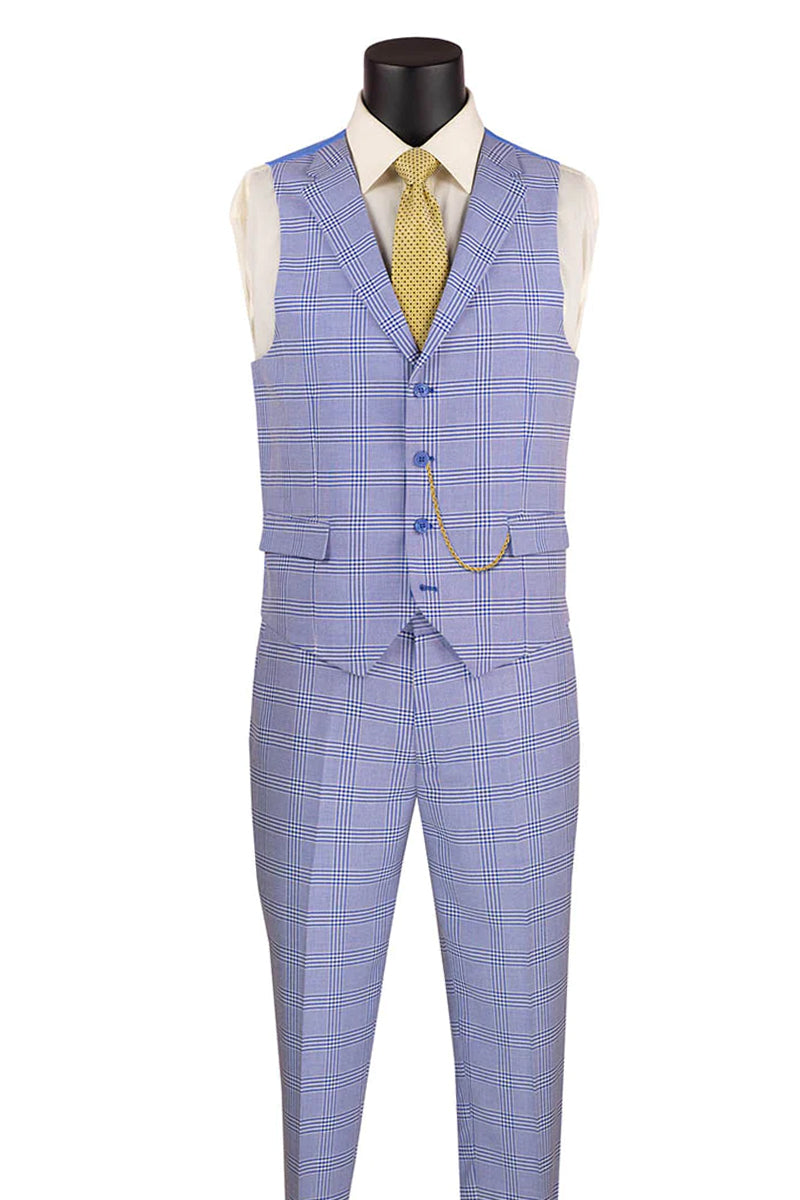 "Sky Blue Glen Plaid Men's Slim Fit Summer Business Suit with Vest" - 36 Short