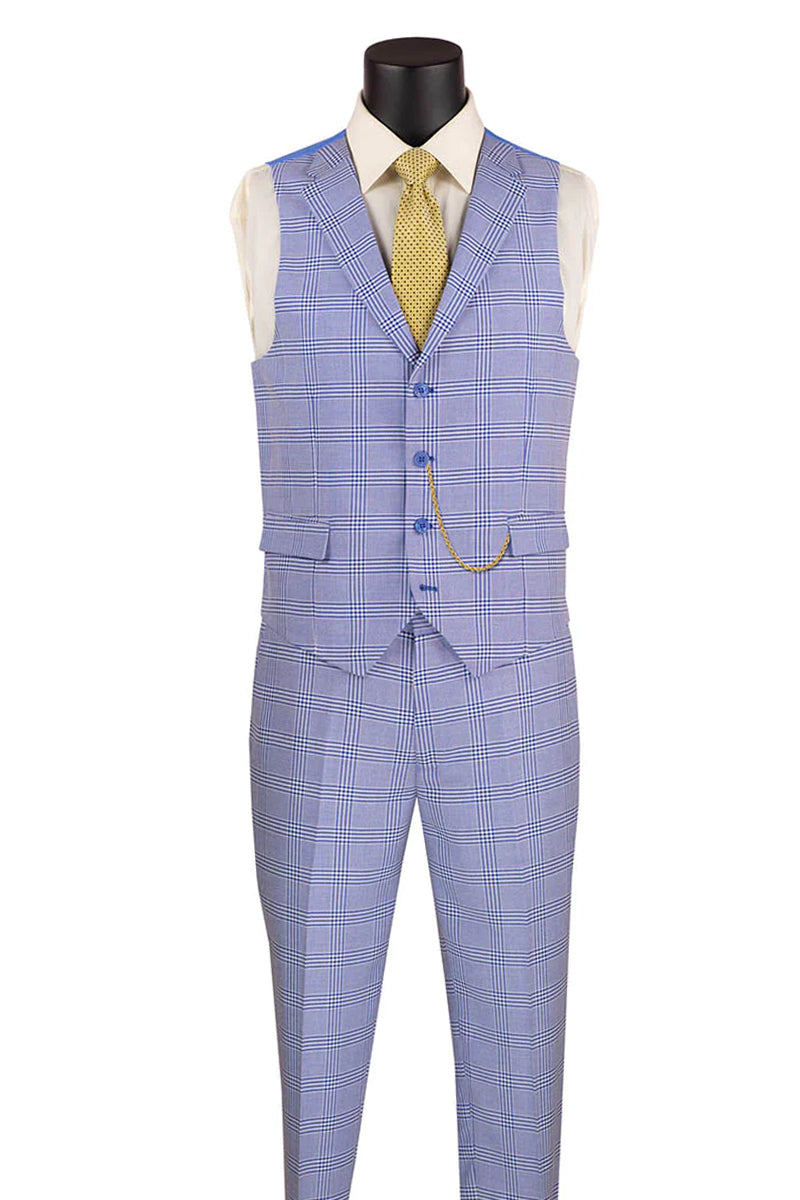 "Sky Blue Glen Plaid Men's Slim Fit Summer Business Suit with Vest"