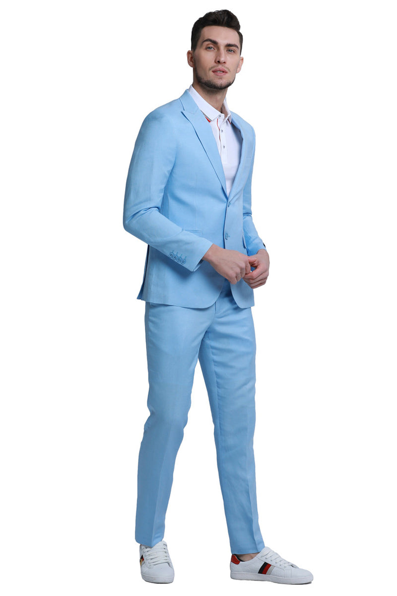 "Baby Blue Linen Beach Wedding Suit for Men - Two Button Peak Lapel Style" - 34 Short