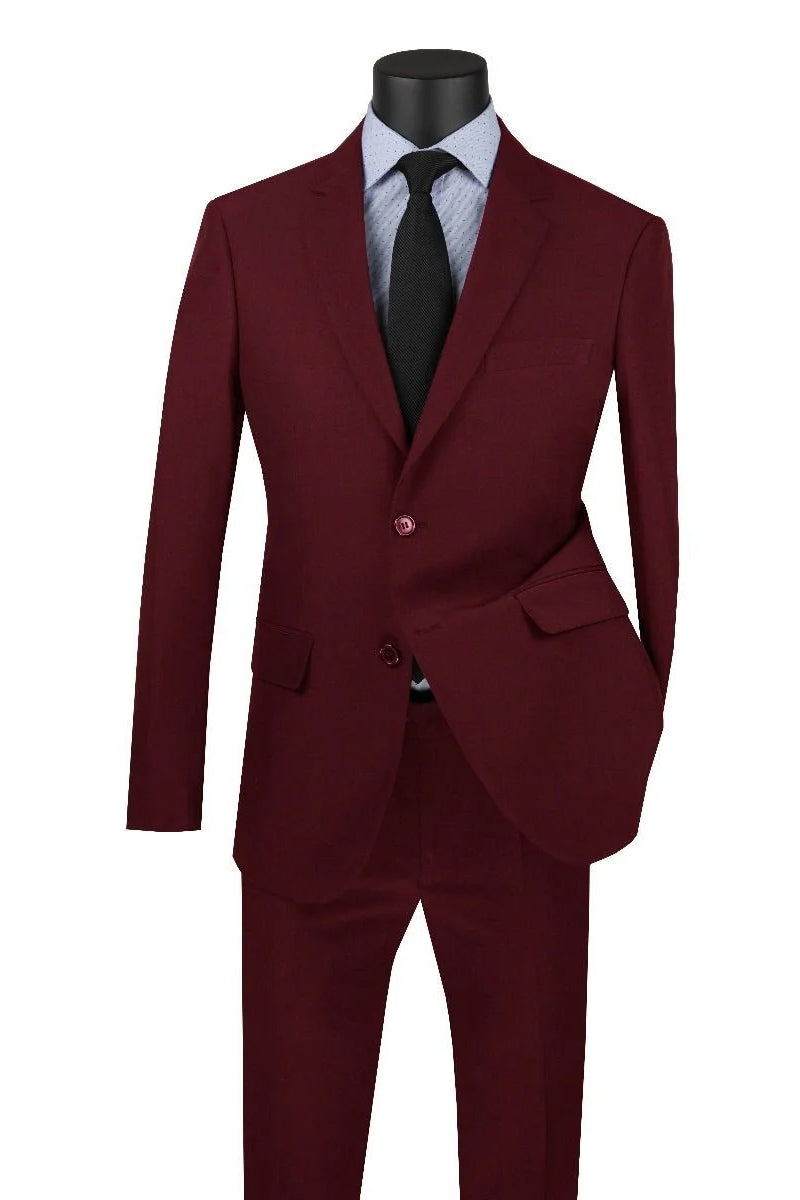 "Burgundy Men's Modern Fit Poplin Suit - Two Button Style" - 34 Regular