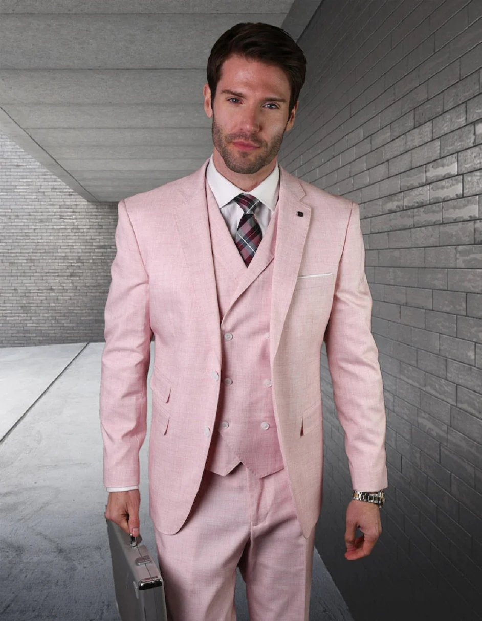 100 Percent Wool Suit - Mens Vest Wool Business Pink Suits - 38 Short Jacket+32 Waist Adjustable 28to34)(Height: 5 4 to5 7 )(Neck  15-16.5)S-M)