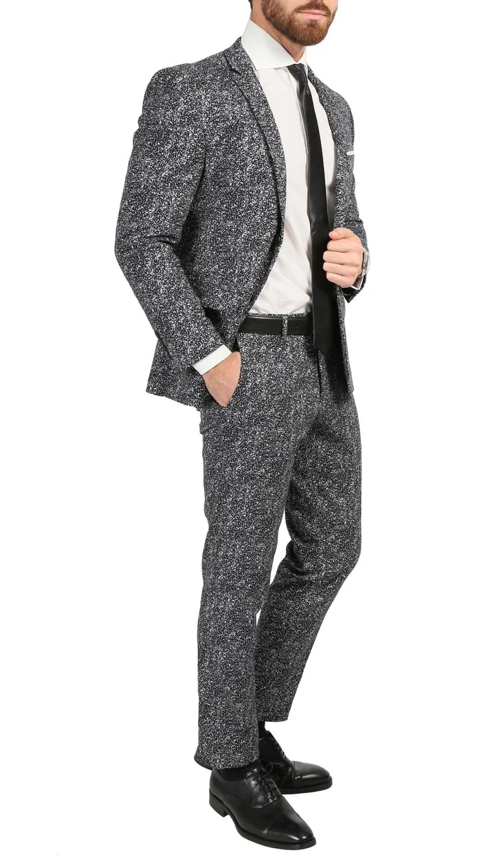 Men's Chicago Slim Fit Black & White Spotted Notch Lapel Suit - 38 Short Jacket+32 Waist Adjustable 28to34)(Height: 5 4 to5 7 )(Neck  15-16.5)S-M)