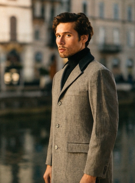 Herringbone Wool & Cashmere Chesterfield Overcoat â€“ 1920s Full Length