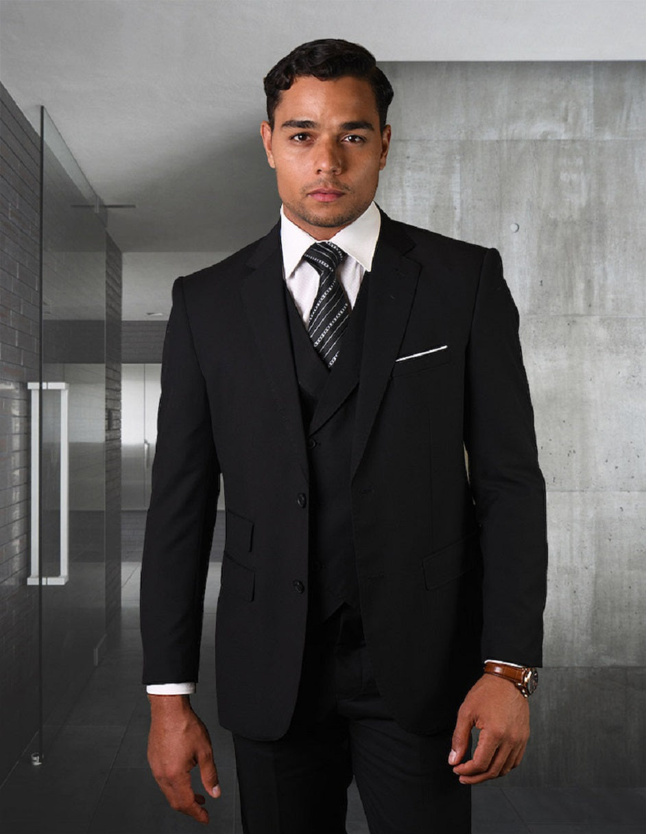 Mens 2 Button Slim Fit Wool Suit With Double Breasted Vest in Black - 40 Regular