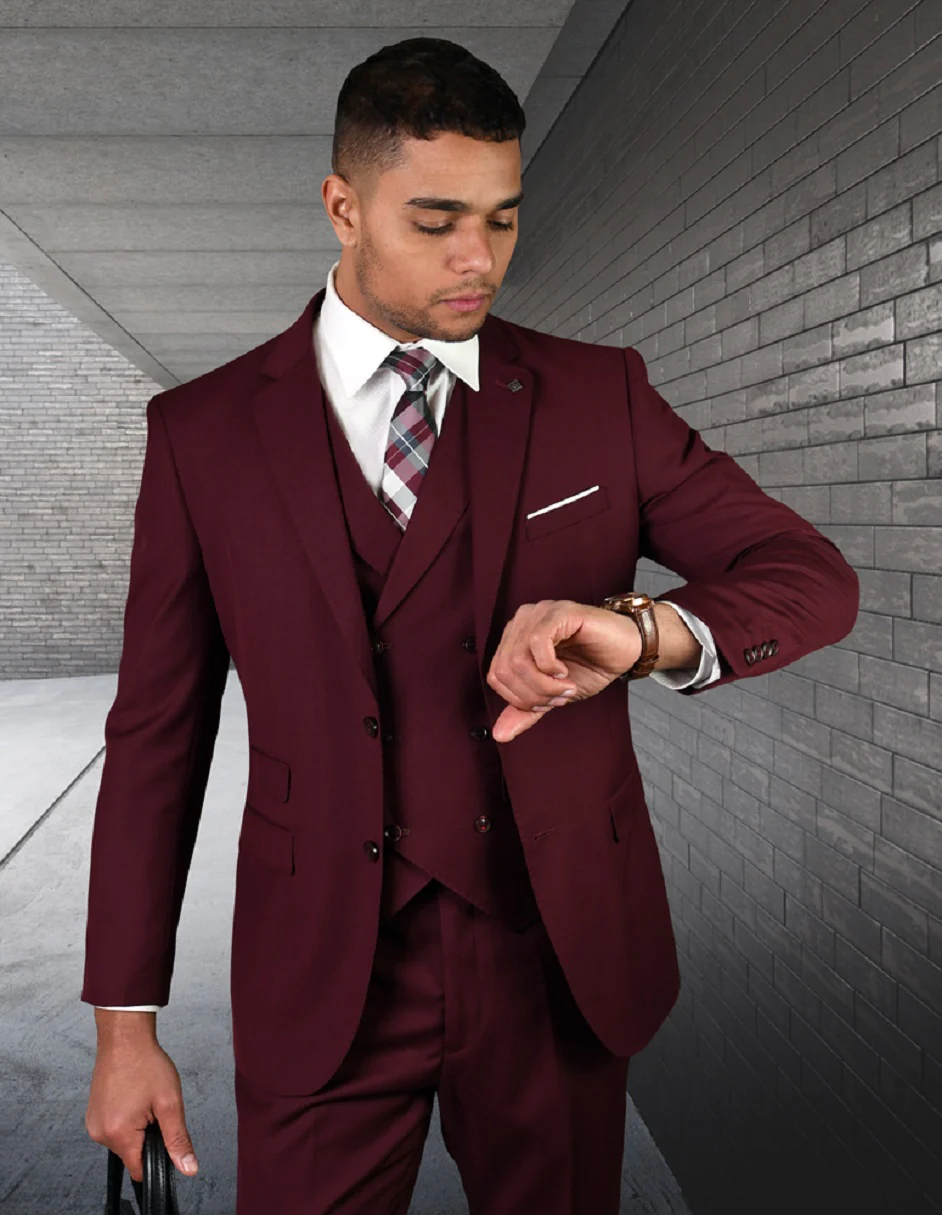 100 Percent Wool Suit - Mens Wool Business  Double Breasted Burgundy Suits
