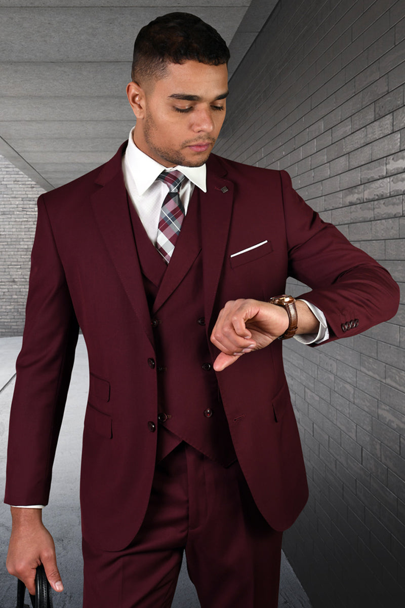 Men's Modern Fit Designer Wool Suit in Burgundy with a Double Breasted Vest - 36 Short