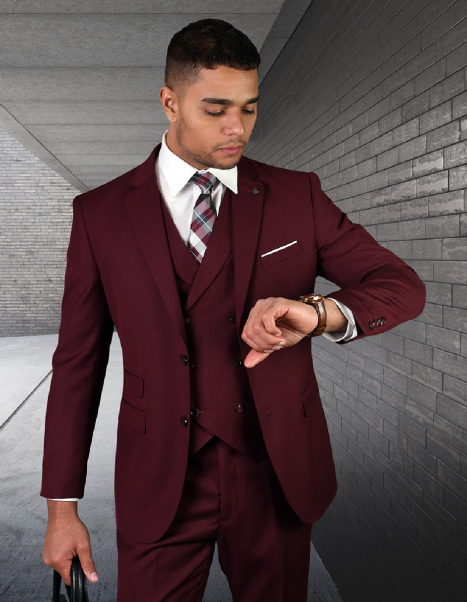 Mens 2 Button Slim Fit Wool Suit With Double Breasted Vest in Burgundy - 52 Regular