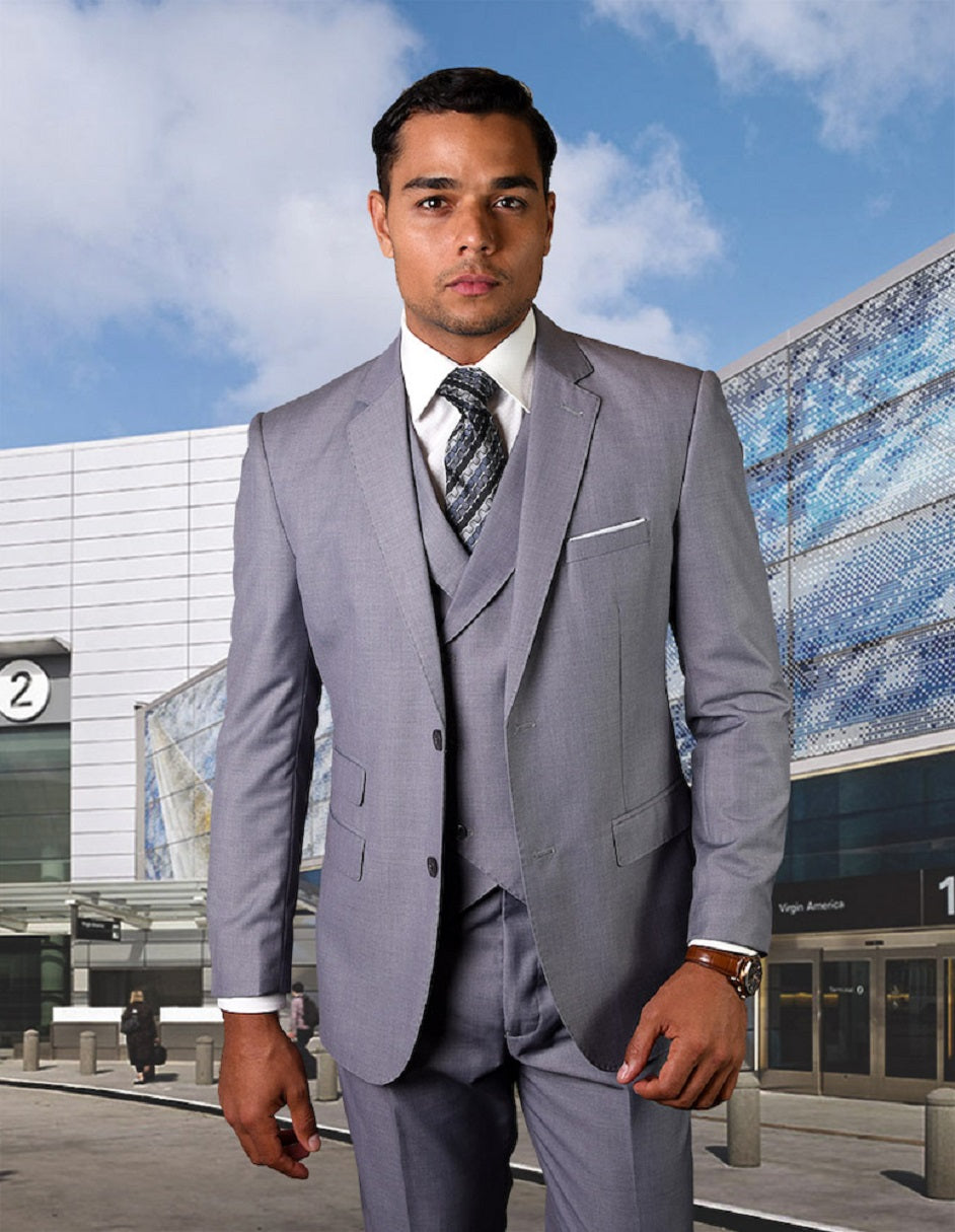 Mens 2 Button Slim Fit Wool Suit With Double Breasted Vest in Grey - 36 Short