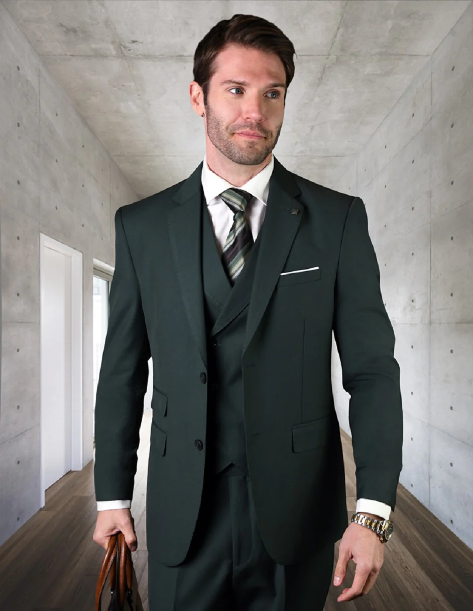 100 Percent Wool Suit - Mens Vest Wool Business Hunter Green Suits