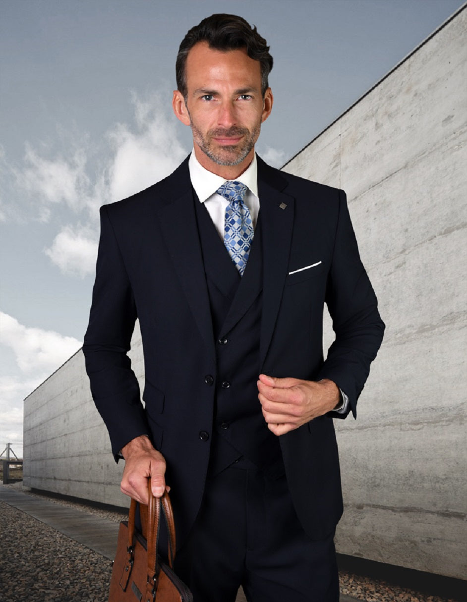 Mens 2 Button Slim Fit Wool Suit With Double Breasted Vest in Navy Blue - 44 Regular