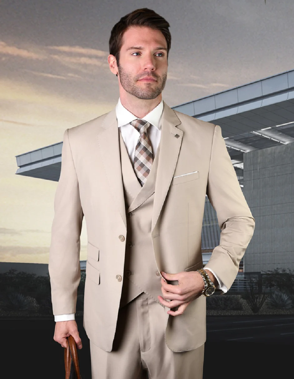 100 Percent  Suit - Mens  Classic Wool Business Tan Suits